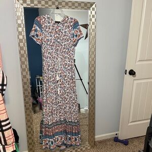 Elegant Floral Maxi Dress in Blue and Orange